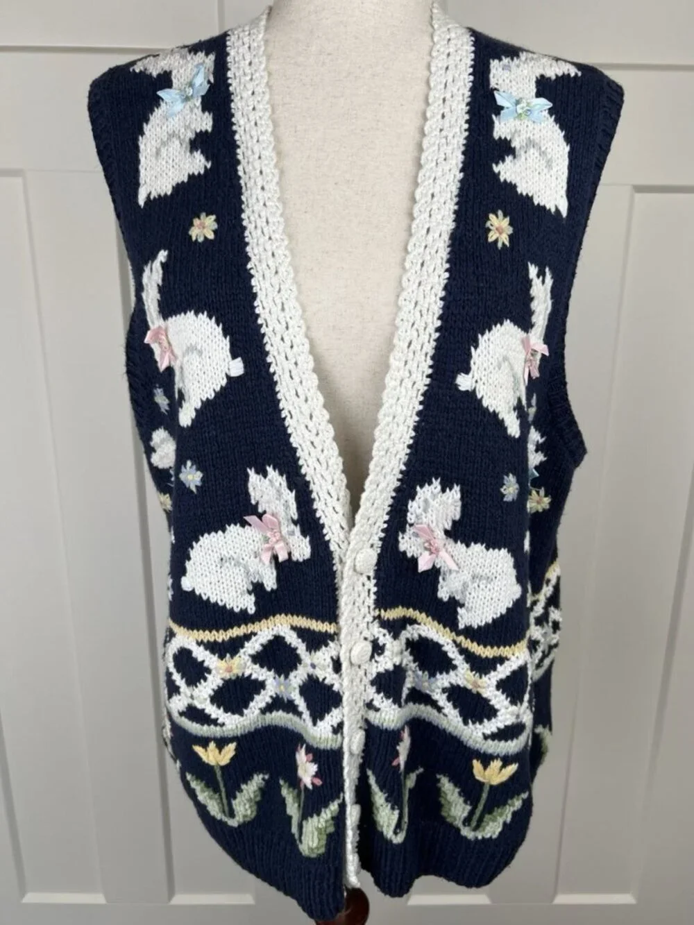 Vintage Marisa Christina Bunny Rabbit Sweater Vest L Hand Knit Easter Cottagecor